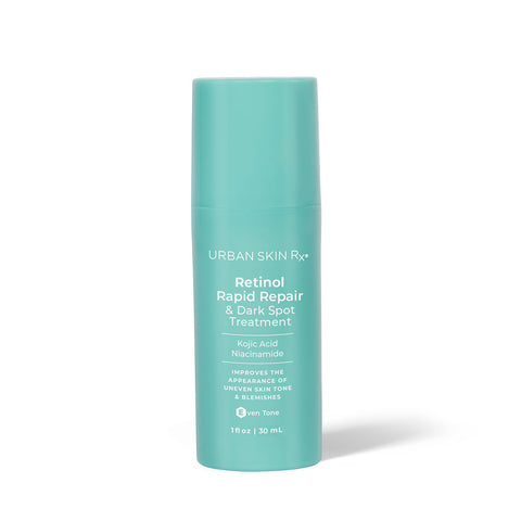 Light blue bottle of Urban Skin Rx Retinol Rapid Repair Dark Spot Treatment set against white background