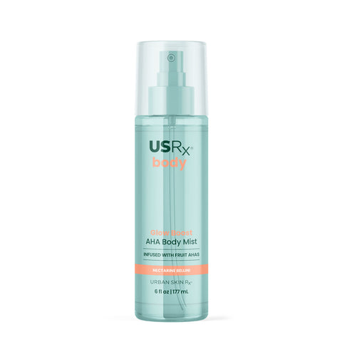 Bottle of USRX Glow Boost AHA Body Mist in Nectarine Bellini