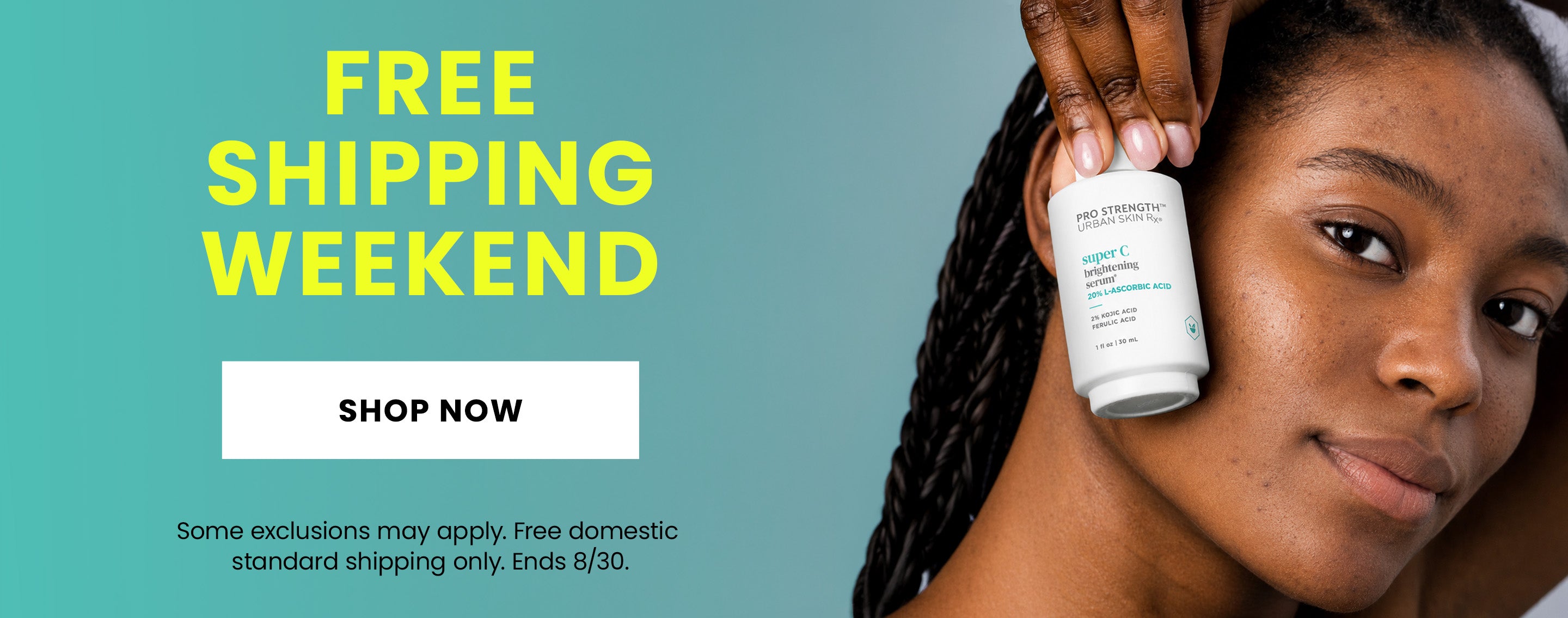 Woman holding a bottle of USRx Super C Serum against a light blue background with promotional text 'free shipping weekend'
