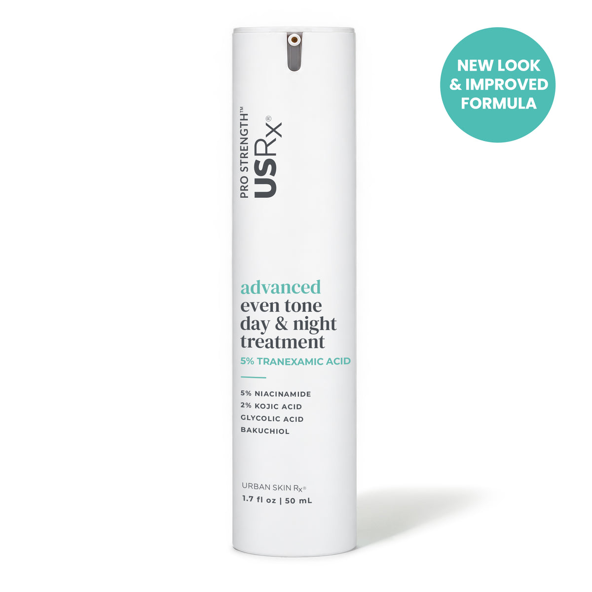 White bottle of USRx Advanced Even Tone Day & Night Treatment on a white background with dot-whack 'New Look & Improved Formula'