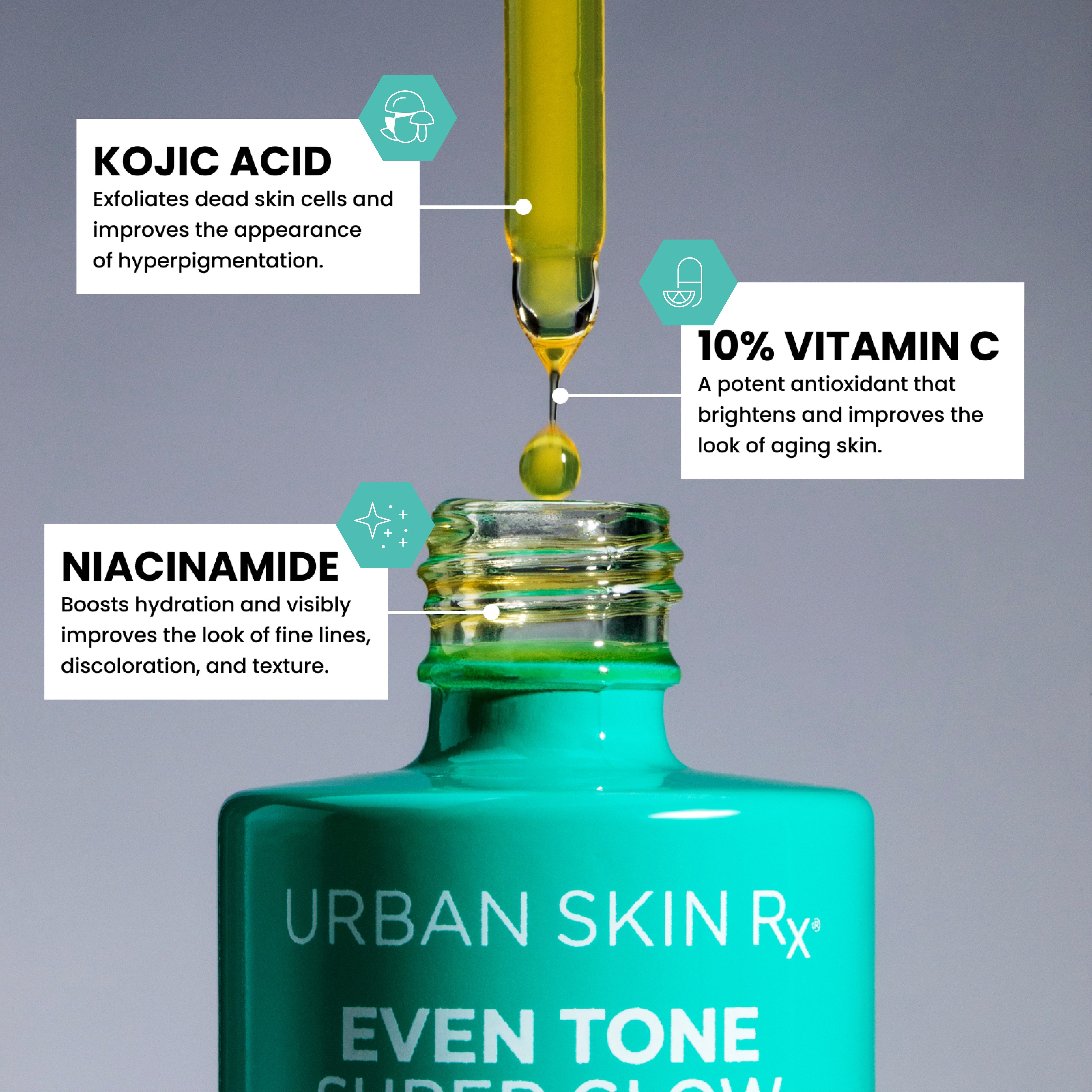 Jar of USRx Super Glow Serum with ingredient callouts