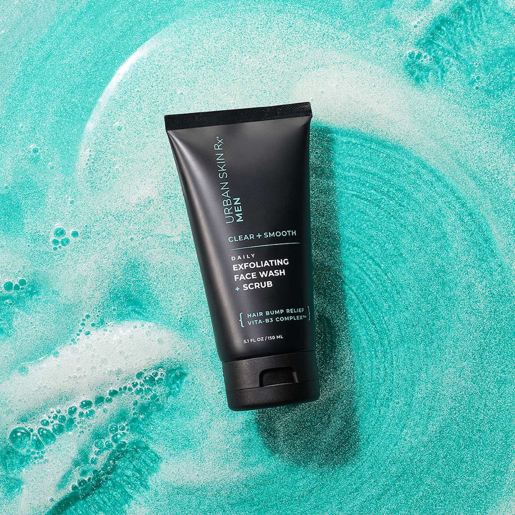 Tube of USRx Exfoliating Face Wash on a light blue background