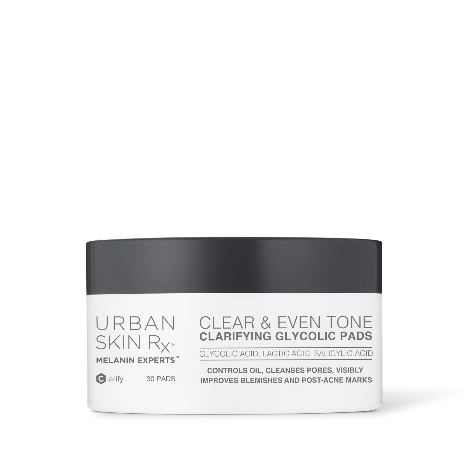 Jar of USRX Clear & Even Tone Clarifying Glycolic Pads on white background