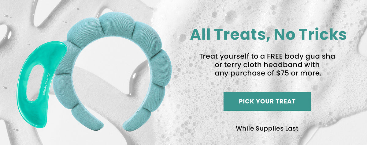 A light blue gua sha tool and terrycloth headband set against a white textured background with promotional text 'Pick Your Treat'