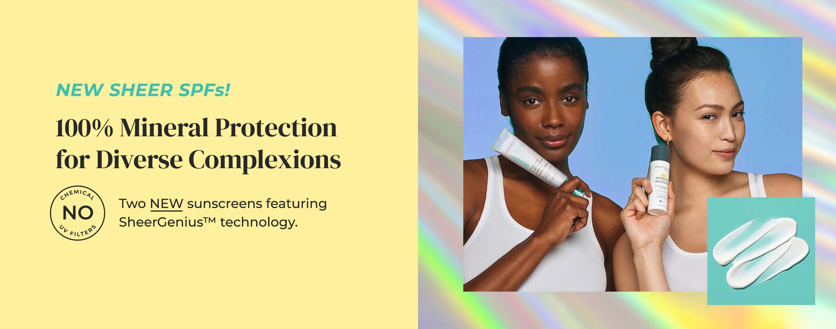Two women holding USRx SheerGlow Mineral Sunscreen on a colorful background
