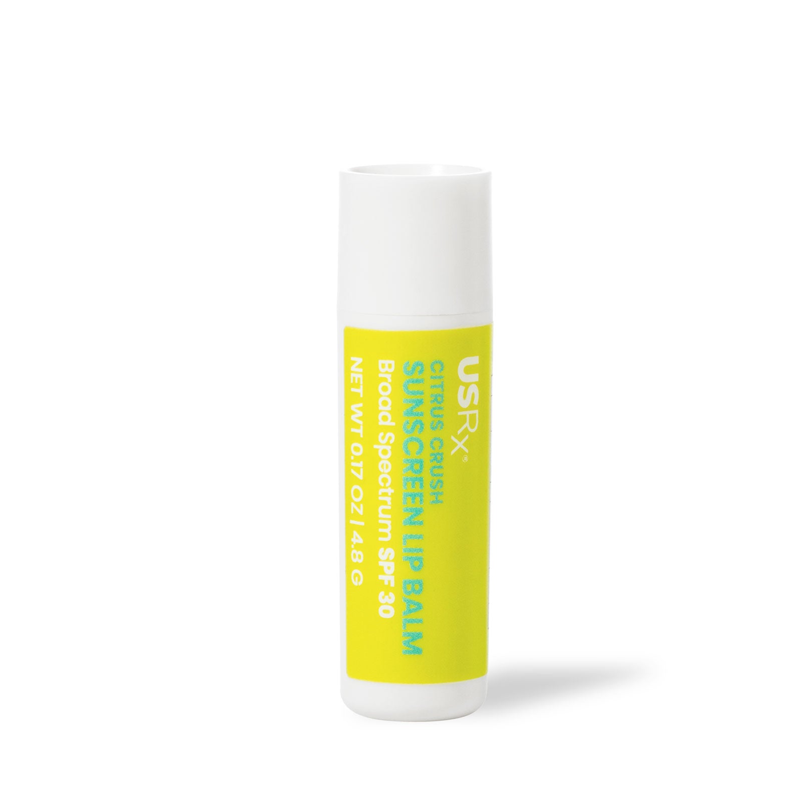 A single stick of USRX Citrus Crush Sunscreen Lip Balm Broad Spectrum SPF30