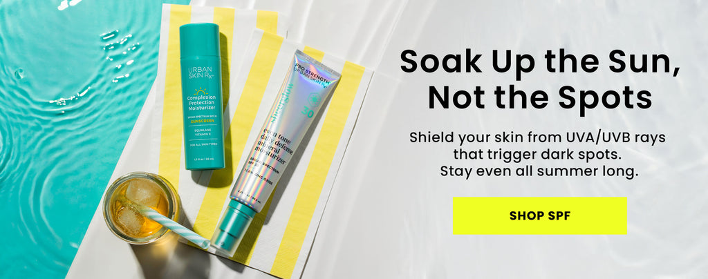 Bottles of Urban Skin RX Complexion Protection Moisturizer and Even Tone Daily Defense Mineral Moisturizer set against a pool setting