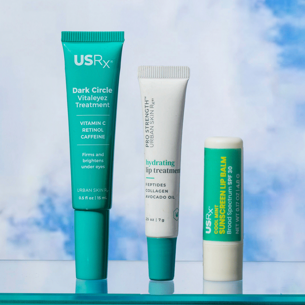 3 USRX Protect Your Pout products including Sunscreen Lip Balm, Hydrating Lip Treatment, and Dark Circle Vitaleyez Treatment