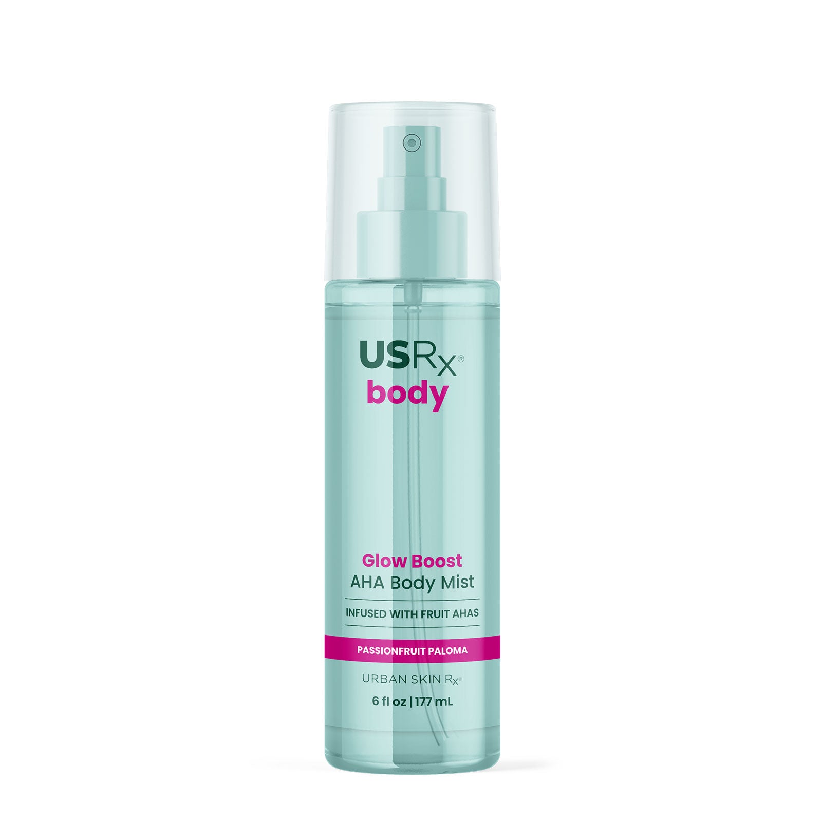 Bottle of USRX Glow Boost AHA Body Mist in Passionfruit Paloma on white background