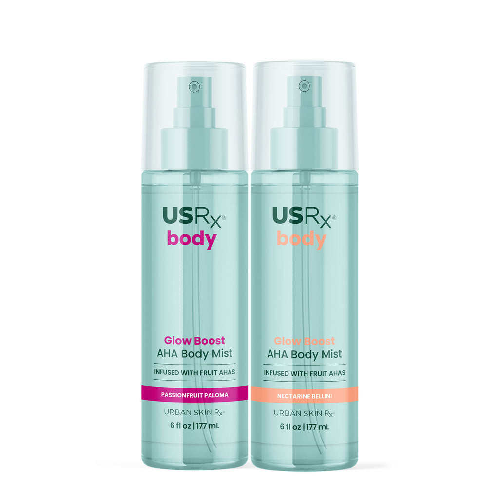 Bottles of USRX Glow Boost AHA Body Mists in Passionfruit Paloma and Nectarine Bellini