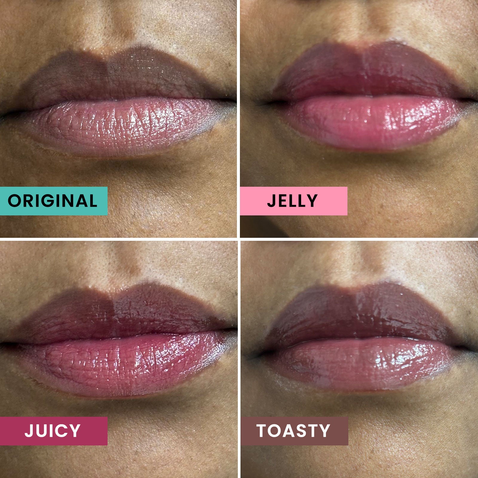 Woman's lips shown wearing 4 different shades of USRx Hydrating Lip Treatment in Original, Jelly, Juicy and Toasty