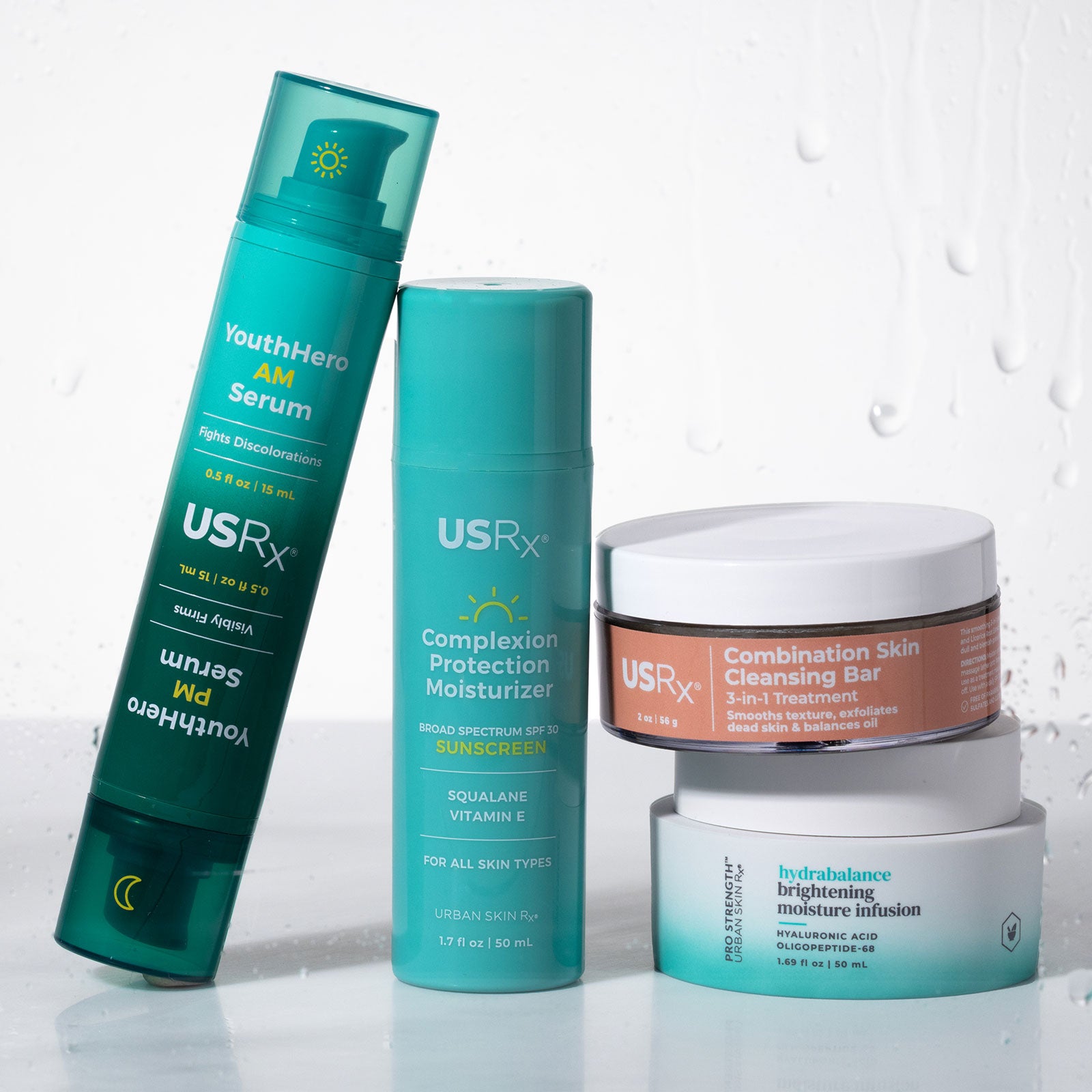 USRX skincare products including serum, moisturizer, and cleansing bar on a white background