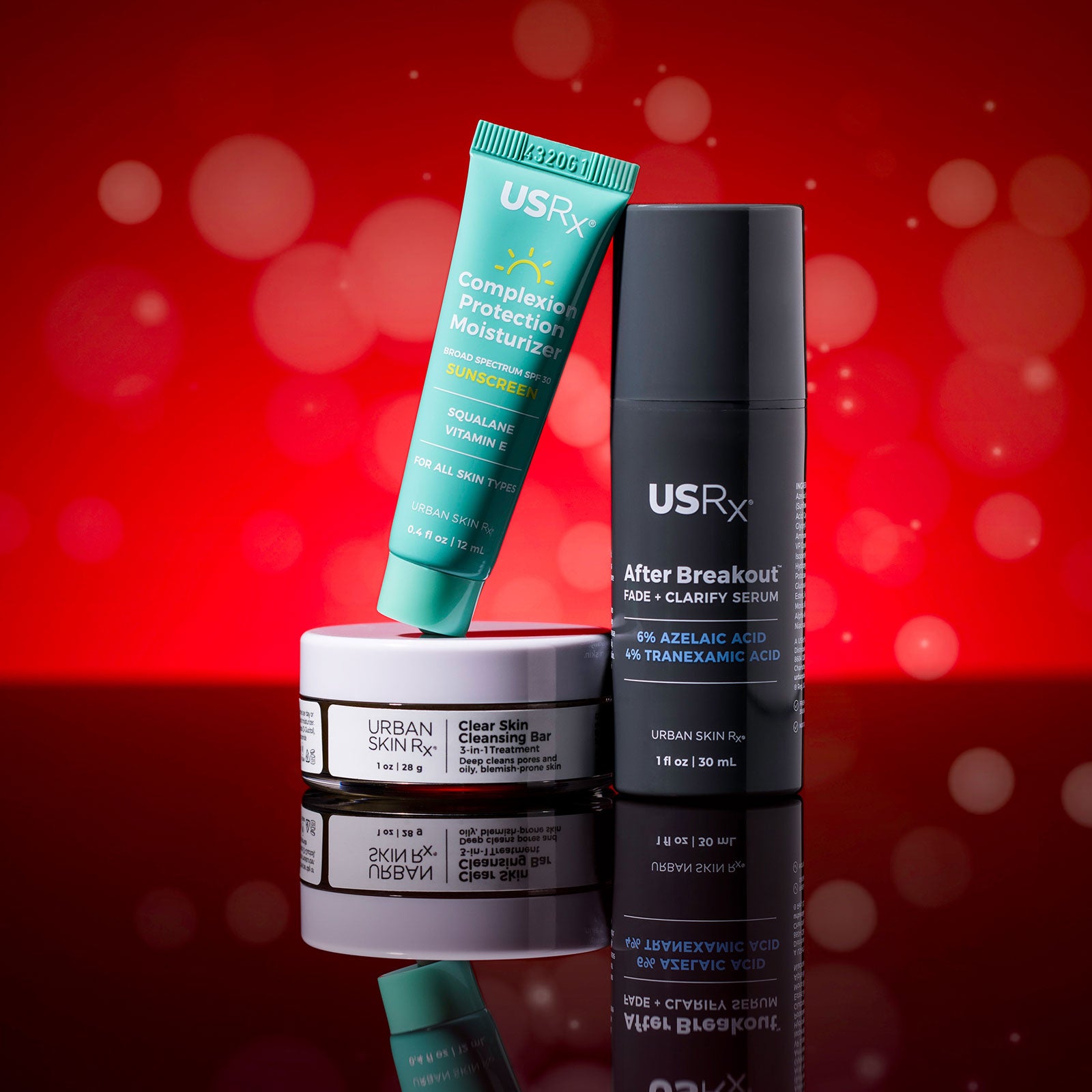 USRx Clear and Even Trio Holiday Kit including Complexion Protection Moisturizer, After Breakout Fade + Clarify Serum and Clear Skin Cleansing Bar