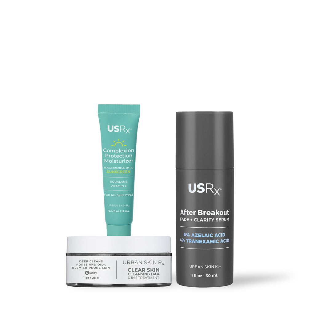 USRx Clear and Even Trio Holiday Kit including Complexion Protection Moisturizer, After Breakout Fade + Clarify Serum and Clear Skin Cleansing Bar