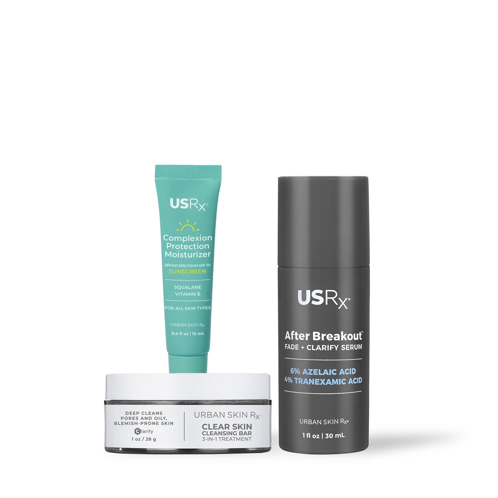 USRx Clear and Even Trio Holiday Kit including Complexion Protection Moisturizer, After Breakout Fade + Clarify Serum and Clear Skin Cleansing Bar