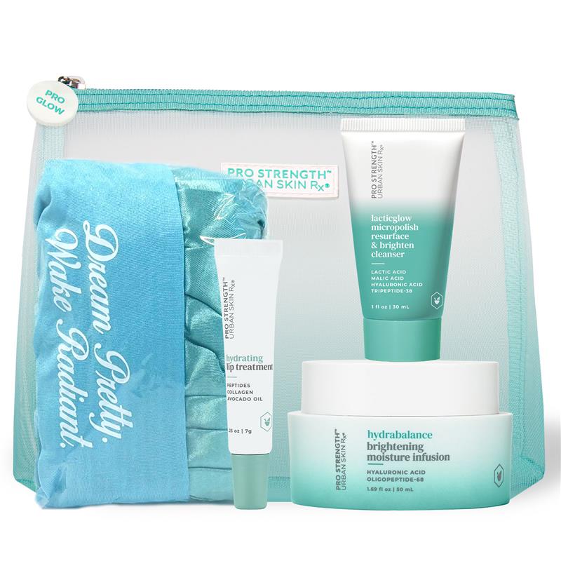 USRx Pro Strength Holiday Kit including USRx Lacticglow Cleanser, Hydrabalance Brightening Moisture Infusion, and Hydrating Lip Treatment with a Satin bonnet and branded travel bag