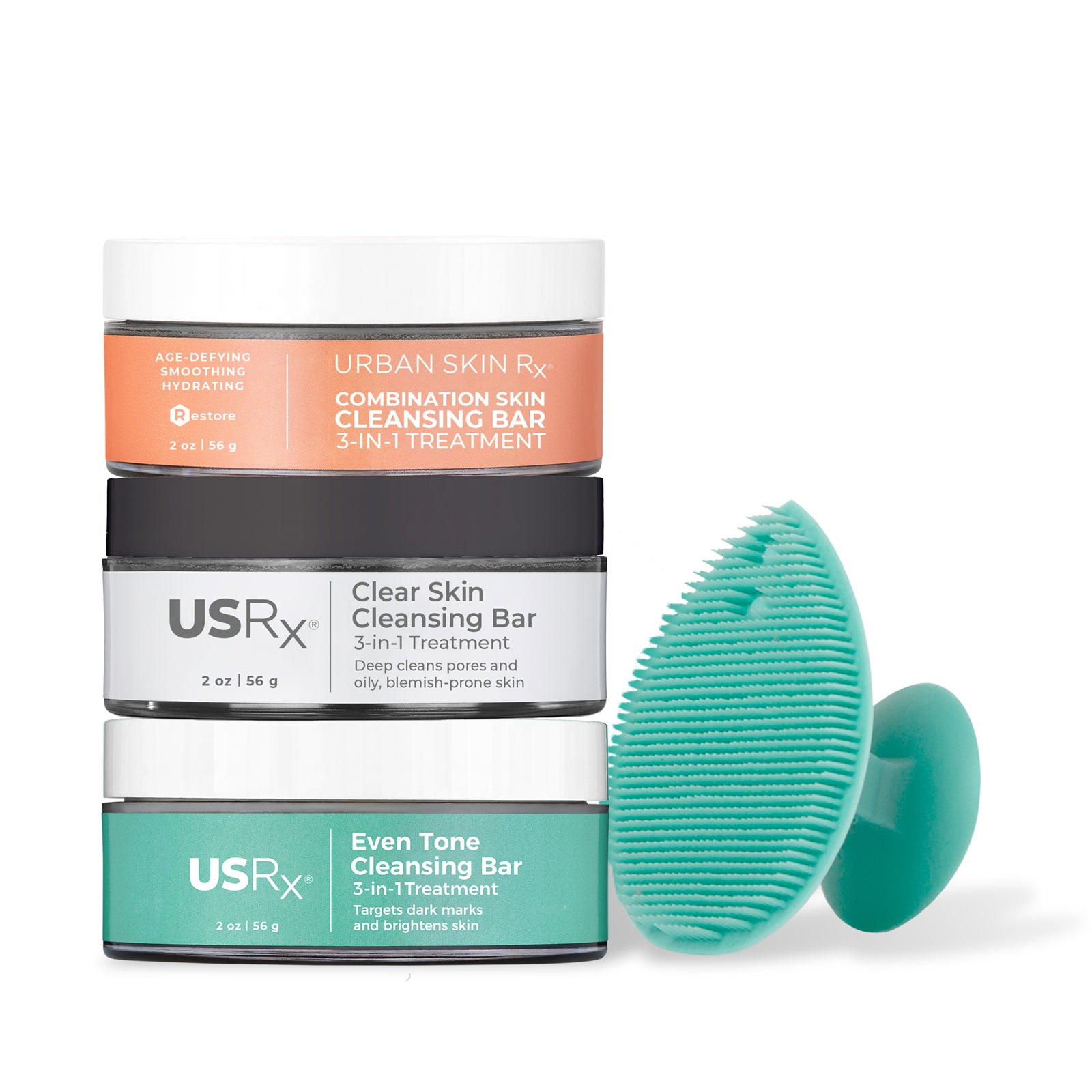 USRx cleansing bars with a green scrubber on a white background