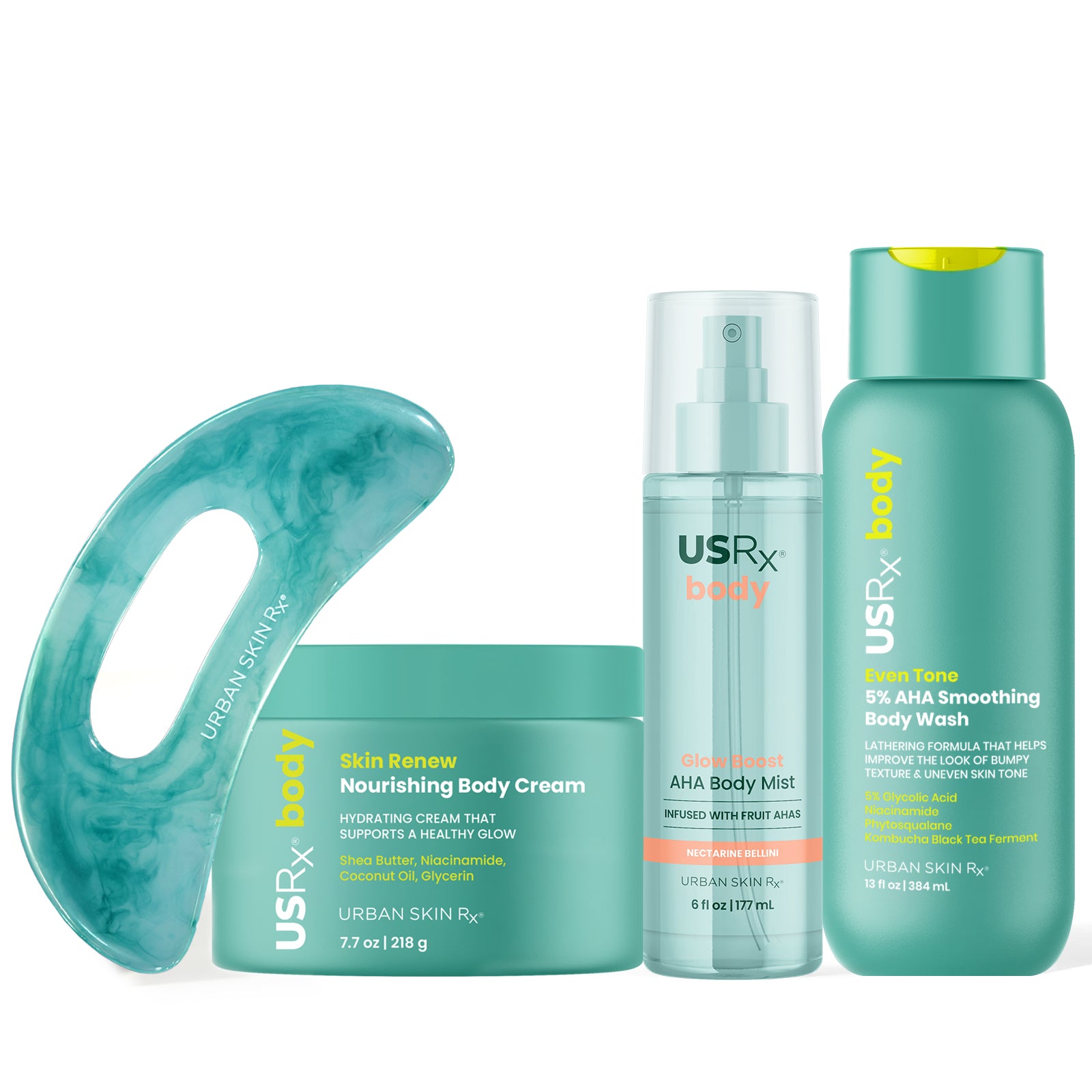 USRx Body Hydration Bundle including Nourishing Body Cream, Glow Boost AHA Body Mist and Smoothing Body Wash with a Gua Sha tool