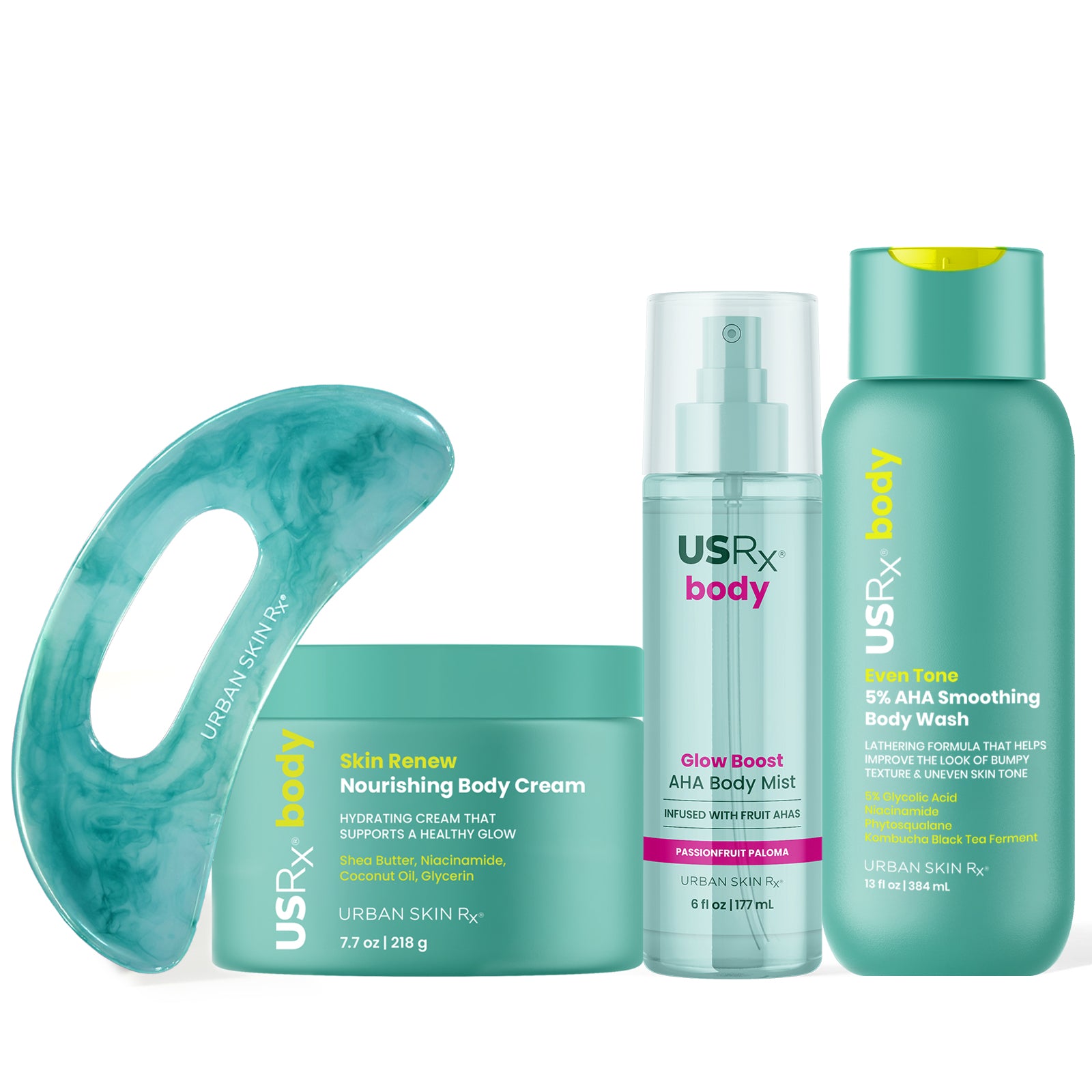 USRx Body Hydration Bundle including Nourishing Body Cream, Glow Boost AHA Body Mist and Smoothing Body Wash with a Gua Sha tool