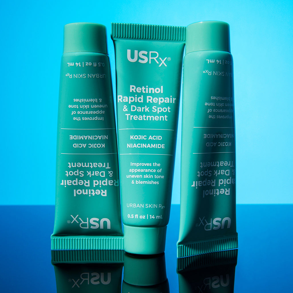 3 bottles of USR Retinol Rapid Repaid on blue background