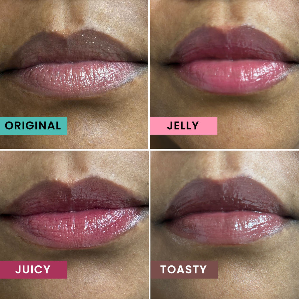 Comparison of different lip shades labeled 'Original', 'Jelly', 'Juicy', and 'Toasty' on a person's lips.