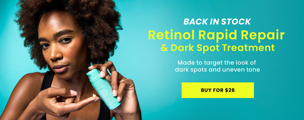 Woman holding a bottle of USRx Retinol Rapid Repair and dispensing product onto her finger on a blue background with promotional text