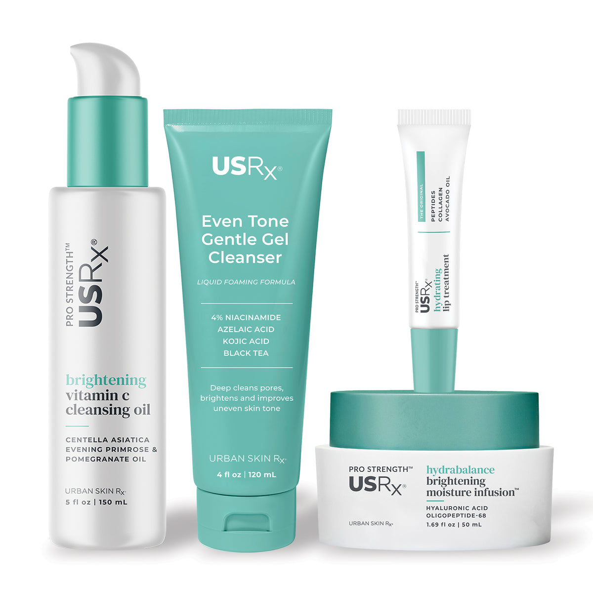 Set of four USRx skincare products on a white background