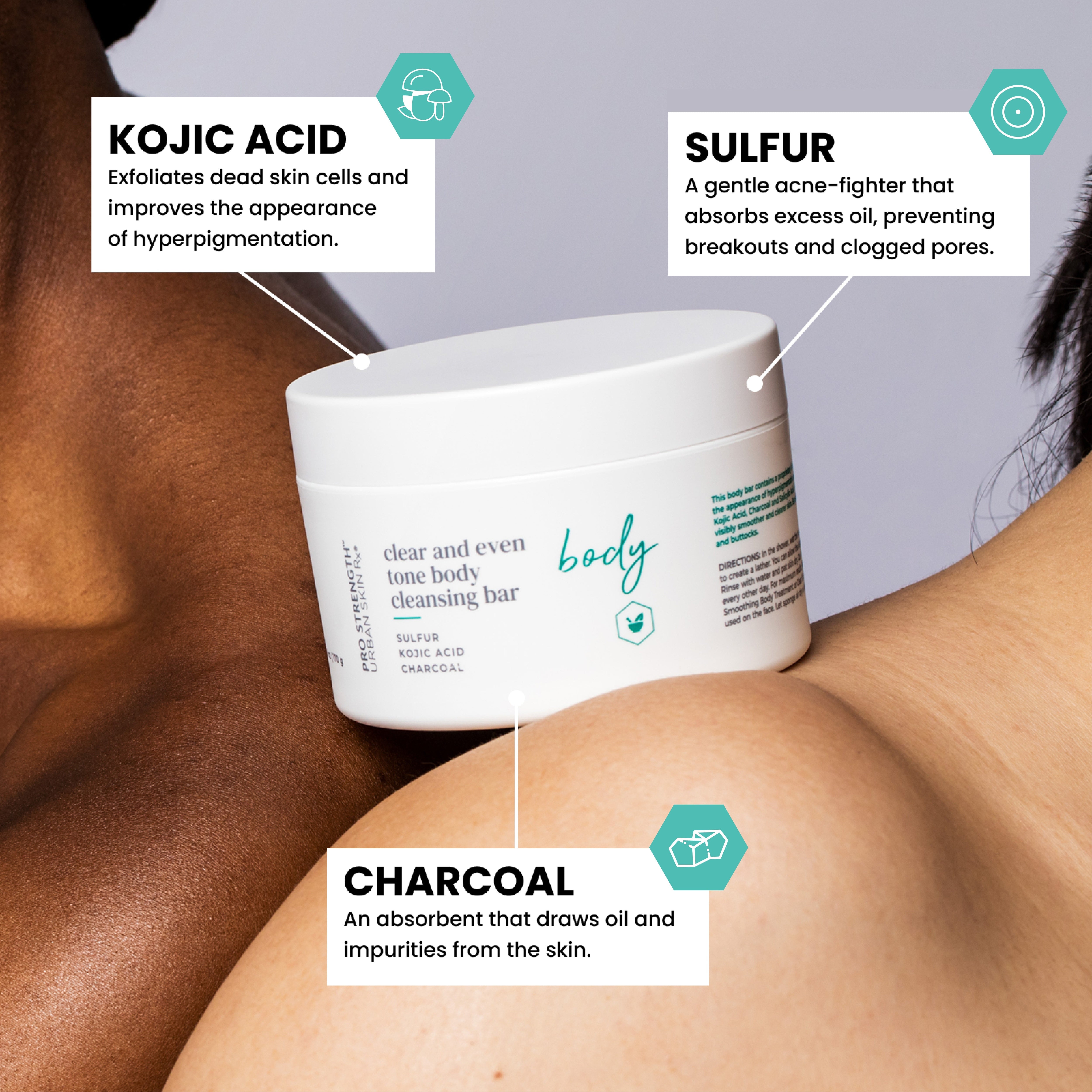 Jar of USRx Body Cleansing Bar with ingredient callouts
