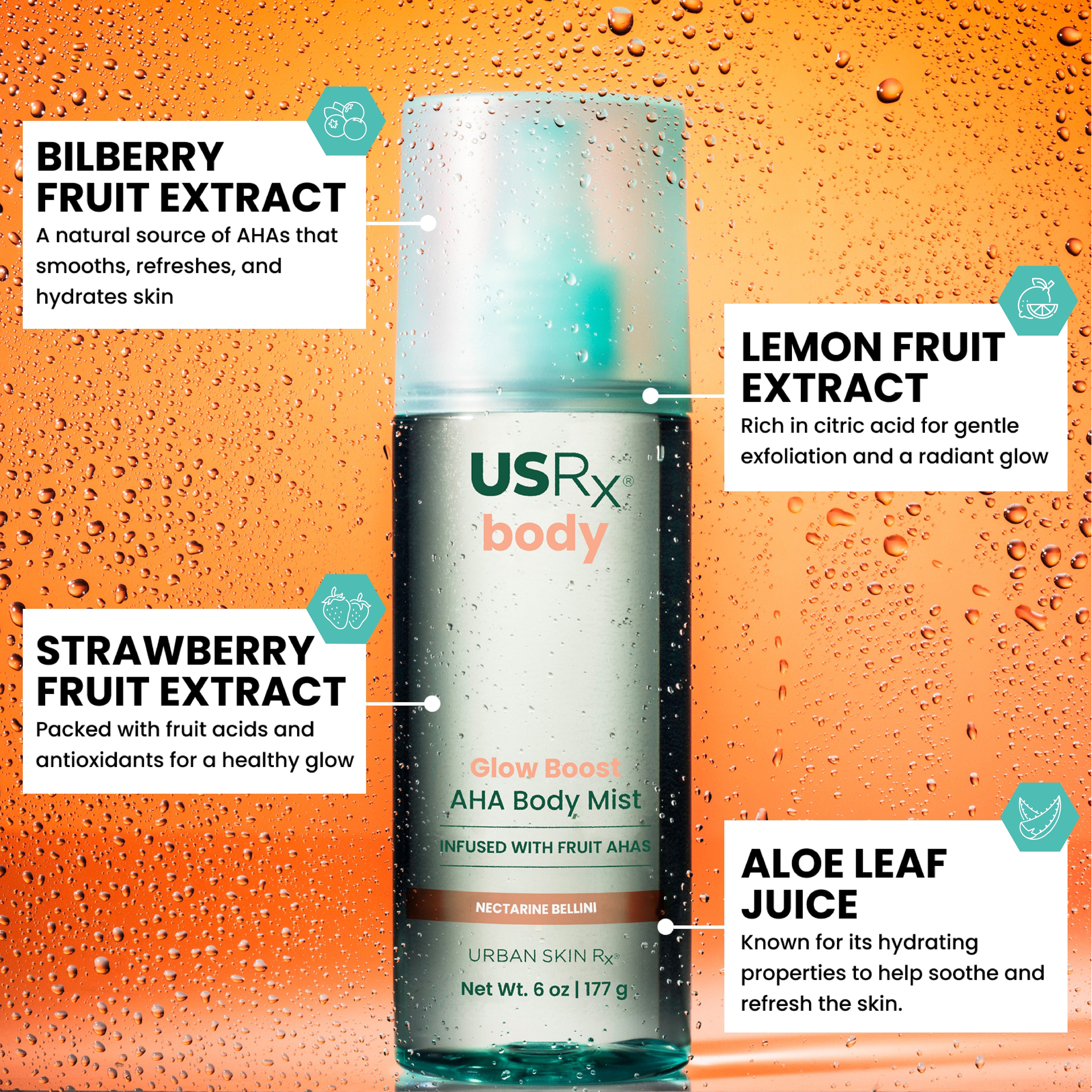 Bottle of USRx AHA Body Mist with ingredient callouts