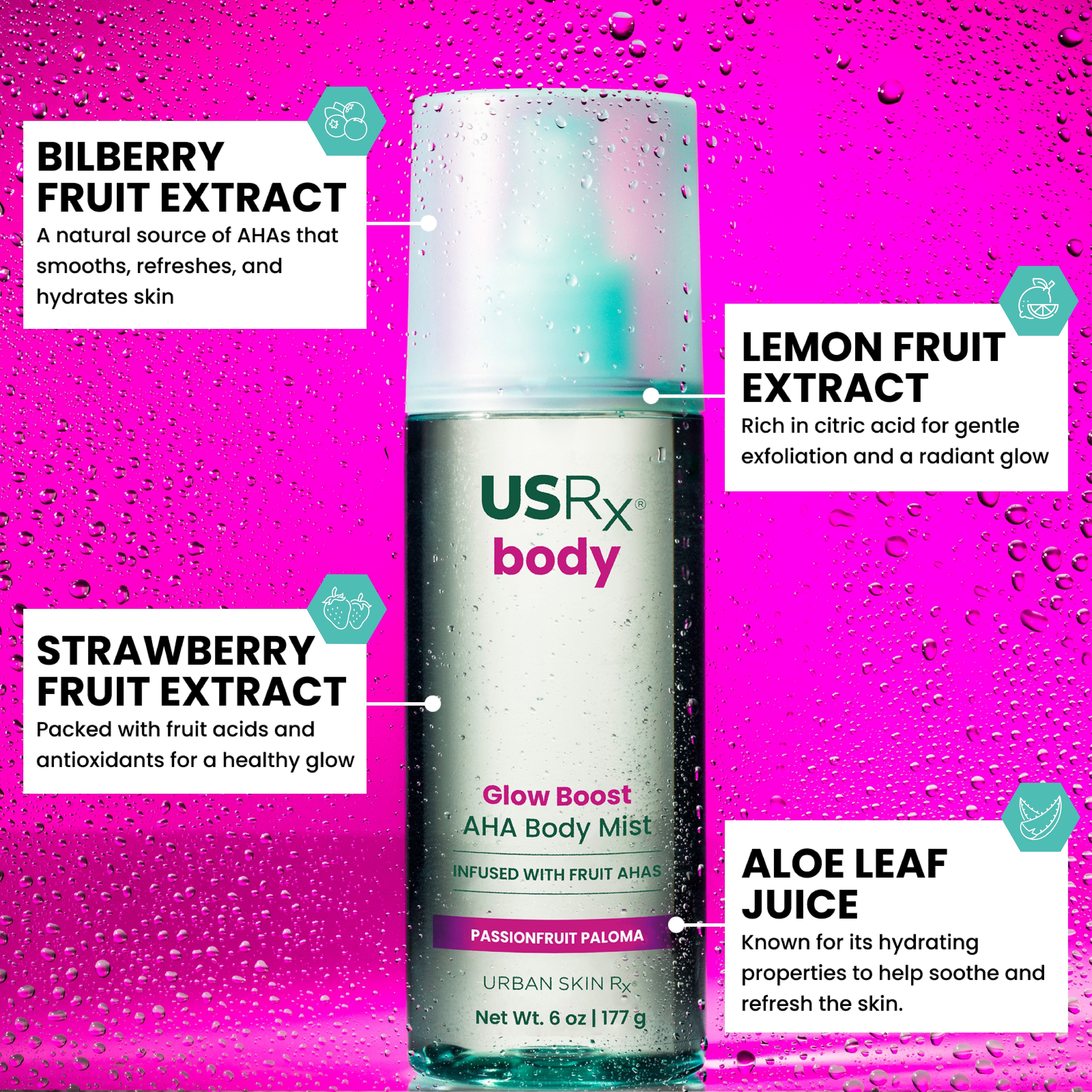 Bottle of USRx AHA Body Mist with ingredient callouts