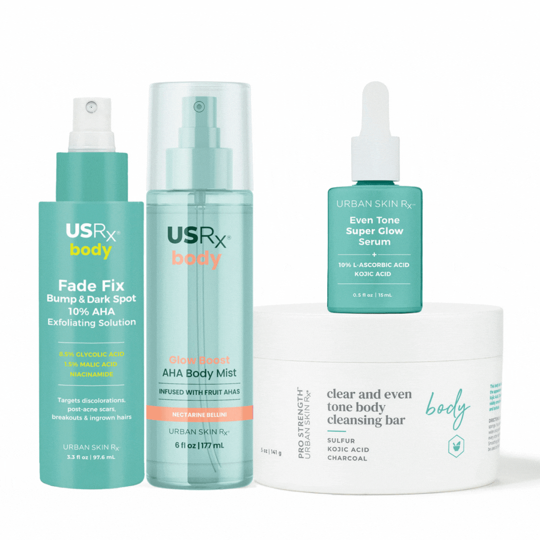 USRx Even Tone Body Renewal Kit featuring Fade Fix, Even Tone Super Glow Serum, Clear and Even Tone Body Cleansing Bar and AHA Body Mist