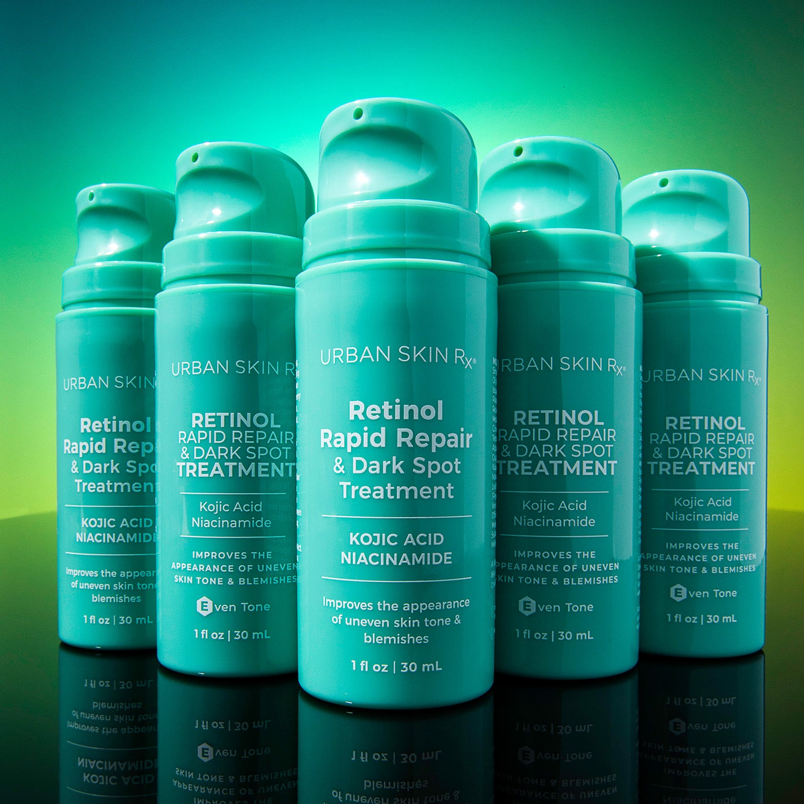 Multiple bottles of USRx Retinol Rapid Repair on a bright green background