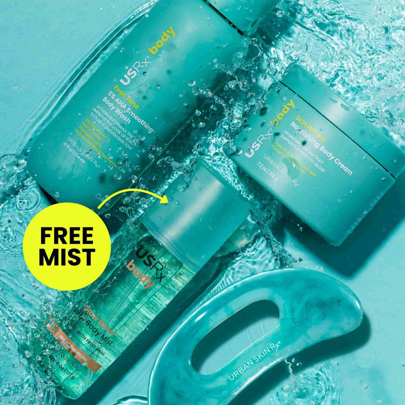 Assortment of USRx skincare products on a blue background with 