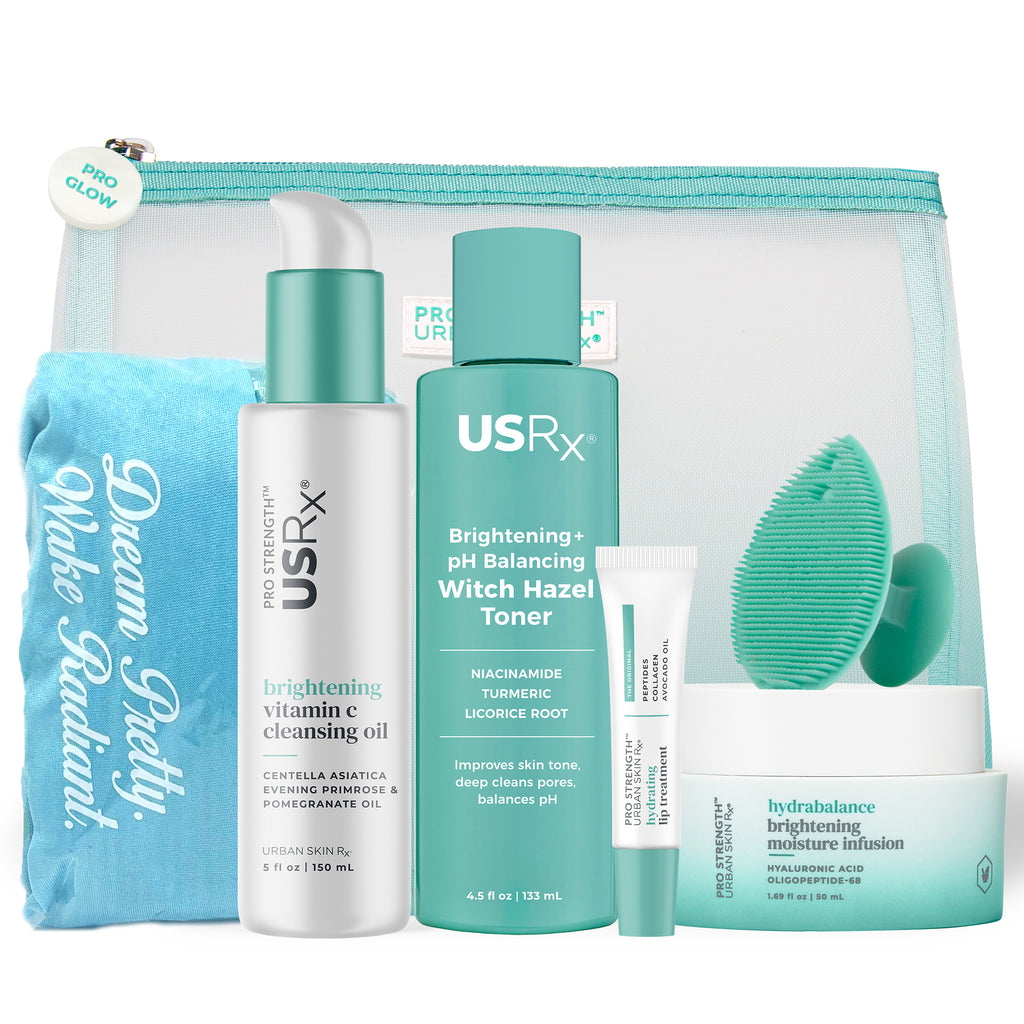 Assortment of USRx skincare products in a mesh bag on a white background
