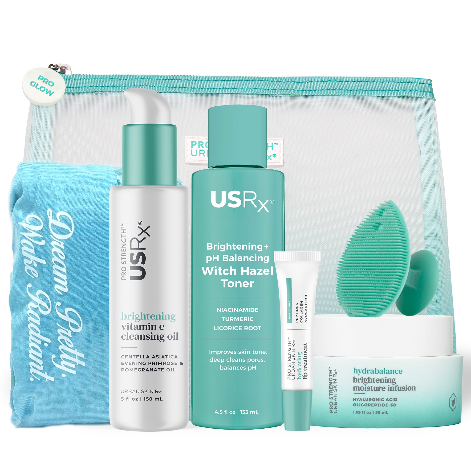 Assortment of USRx skincare products in a mesh bag on a white background