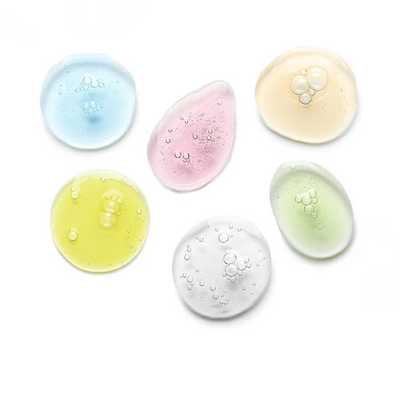 Multiple swatches of different colored products on a white background